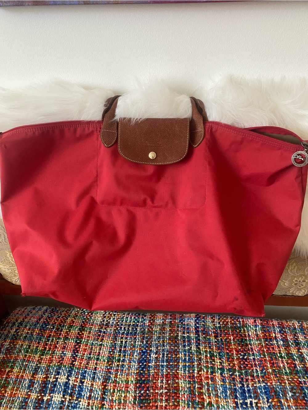 Longchamp Red Tote with Brown Leather Trim